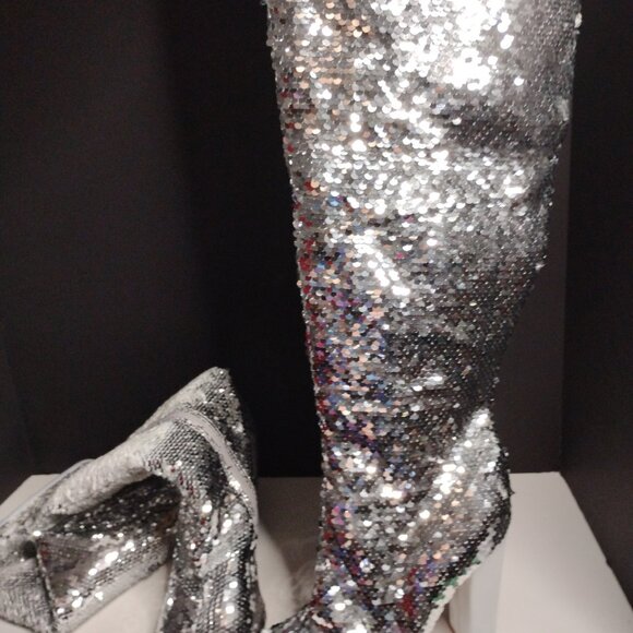 KHPAERMEI Sexy Sparkly Size 8 Thigh High Boots Open Toe Chunky Heel - Picture 9 of 16